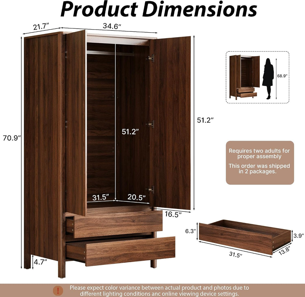 MAISONARIA Wardrobe with 2 Doors and 2 Drawers, 70.9”H Modern Walnut Bedroom ...