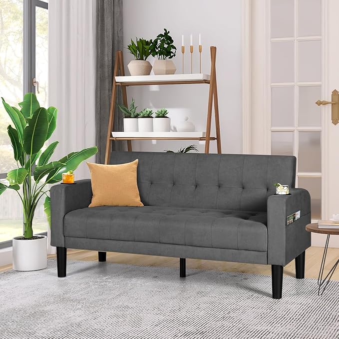 AILEEKISS 62" Loveseat Couches Upholstered Fabric Linen Love Seat Sofas Couch with 2 USB, Cup Holders, Side Pocket, Modern Tufted Sofa for Living Room, Office, Bedroom, Apartment (2-Seat, Dark Grey)