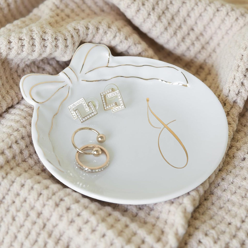 COLLECTIVE HOME - Personalized Initial Ceramic Jewelry Tray with Bow, Christmas Gift Ideas for Women, Small Gift for Girlfriend Wife, Ring Holder, Earrings Dish, Birthday Gift for Her (J)