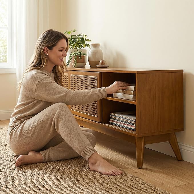 LKTART Mid Century Modern Rattan TV Stand for 65 Inch TV,59" Boho Media Console with Sliding Doors & Open Shelves,Solid Wood Legs for Living Room,Light Walnut