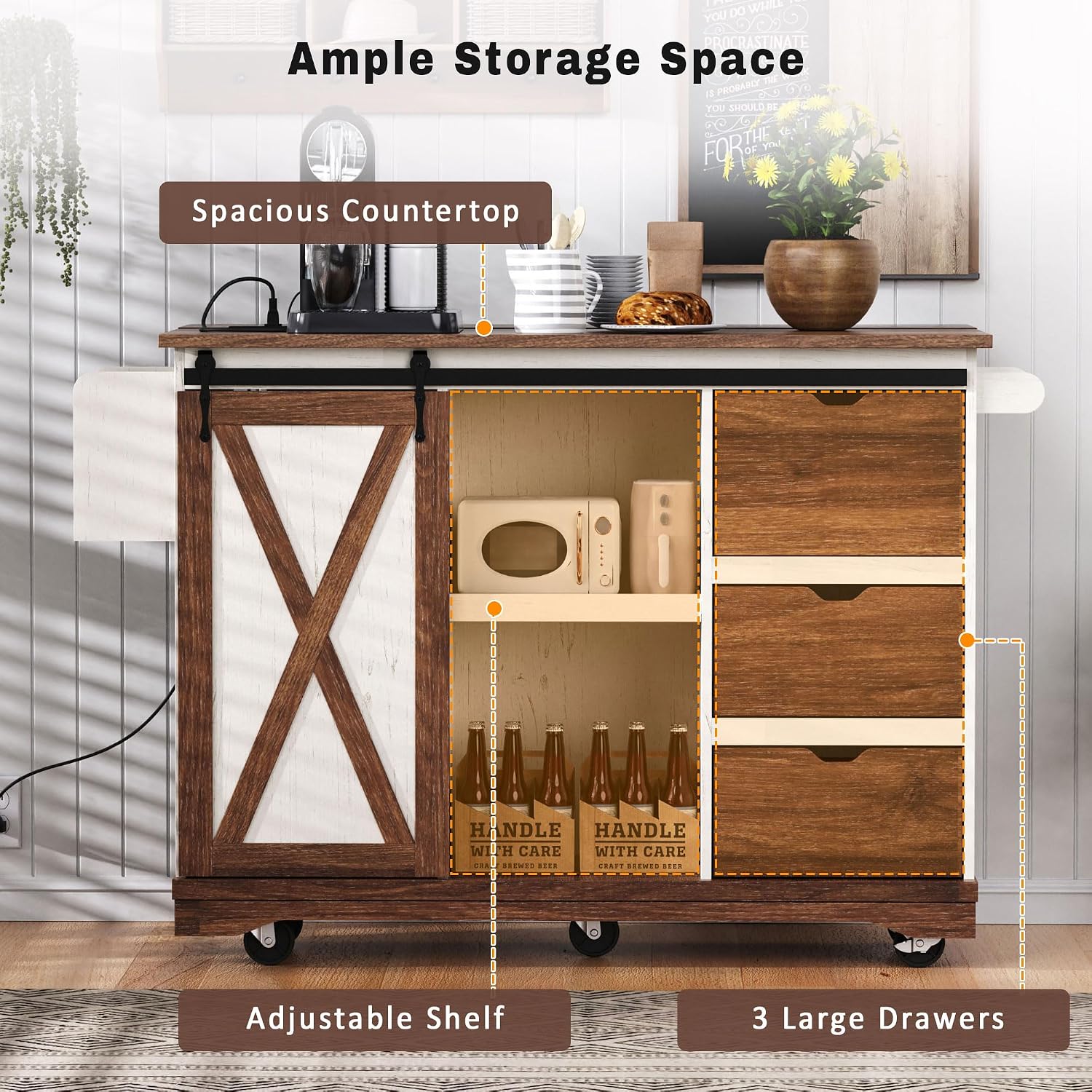 Ball & Cast Farmhouse Kitchen Island with Drop Leaf & Barn Door,Rolling Kitchen Cart on Wheels with Power Outlet,3 Large Drawers,Adjustable Shelf & Spice Rack,for Home,Kitchen,Dining Room,White,56"