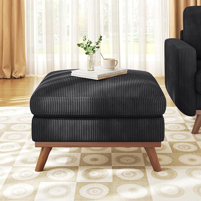 Vesgantti Large Ottoman for Modular Sofa, 29.5" Corduroy Ottoman with Spring Cushion, Rectangle Foot Rest for Couch, Entrance Footstool with Wood Legs, Footstool for Living Room, Bedroom, Black