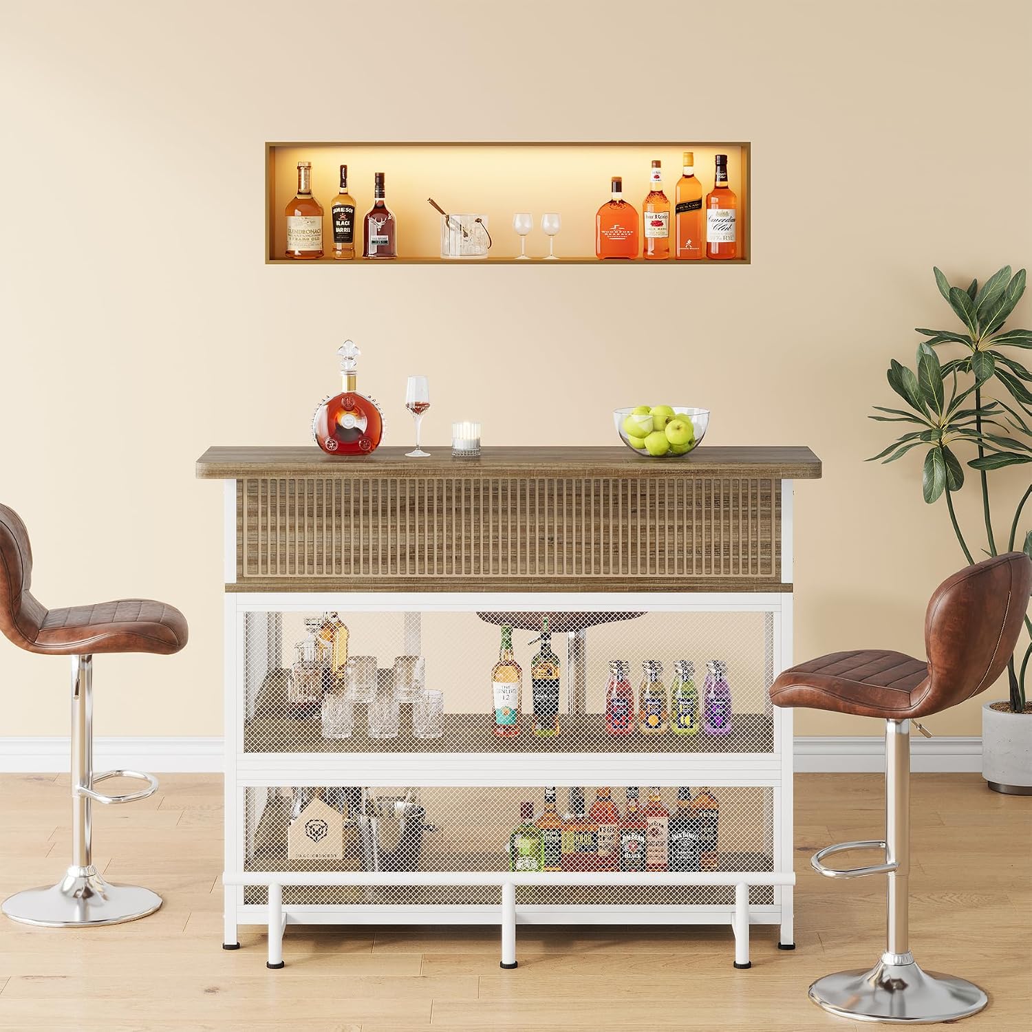 L-Shaped Home Bar Unit, Bar Table with Storage, Brown & White | Wine Glasses Holder and LED Light, Kitchen & Dining Counter Tables for Home, Pub
