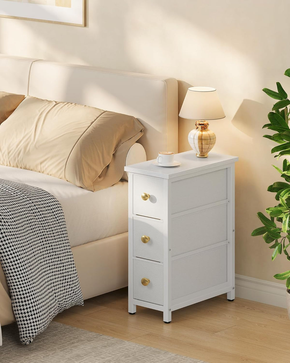 CHOEZON Narrow Side Table with 3 Fabric Drawers, Industrial Slim Bedside Tabl...