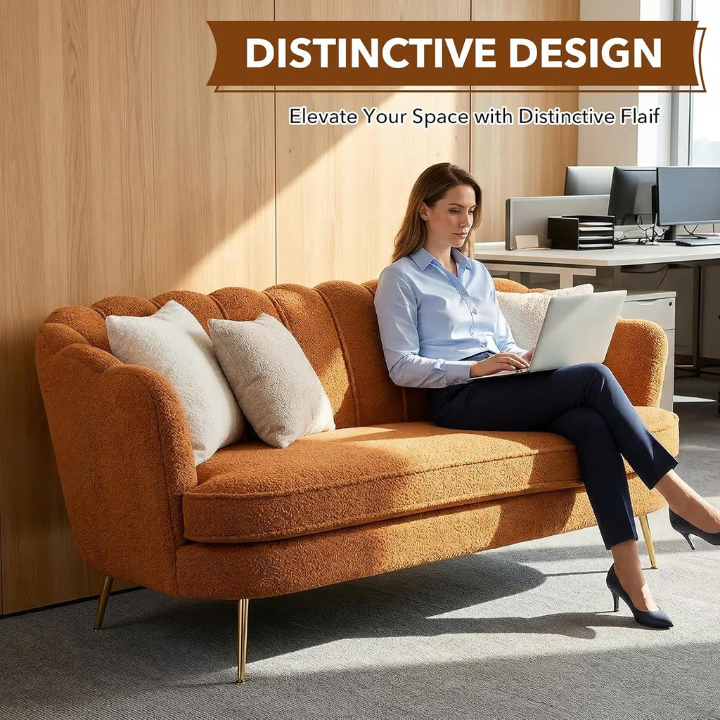 59" Wide Loveseat Sofa, Chenille Upholstered Small Couch | Petal-Shaped Design, Modern Leisure Sofa with Gold Metal Legs, 450LBS Solid Support, Mini Room Couch for Bedroom, Caramel
