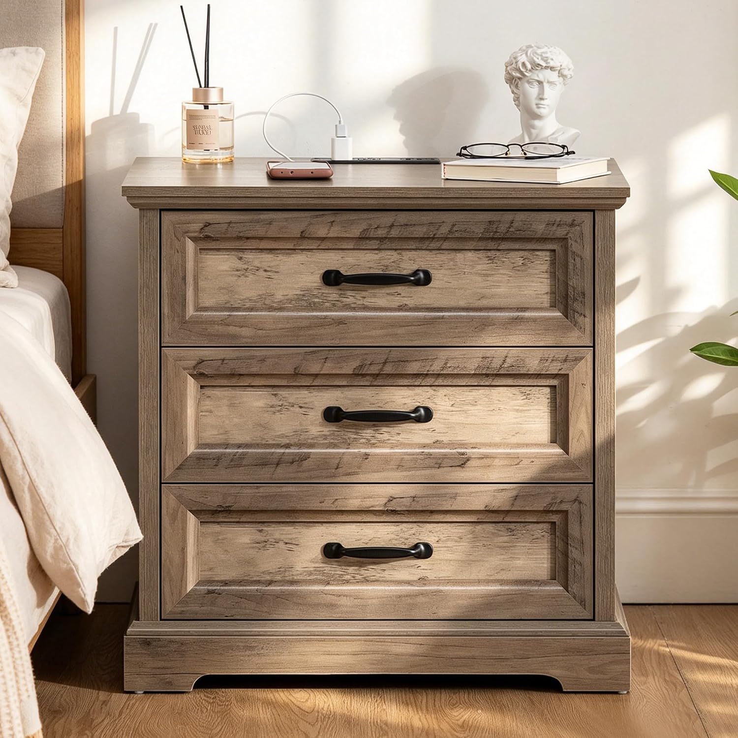 HOMMPA 24'' Farmhouse Nightstand with Charging Station, Bedside Tables with Storage, Side Table with AC Outlets & USB Port, 3 Drawers End Table Dresser, Wood Night Stand for Bedroom, Greige