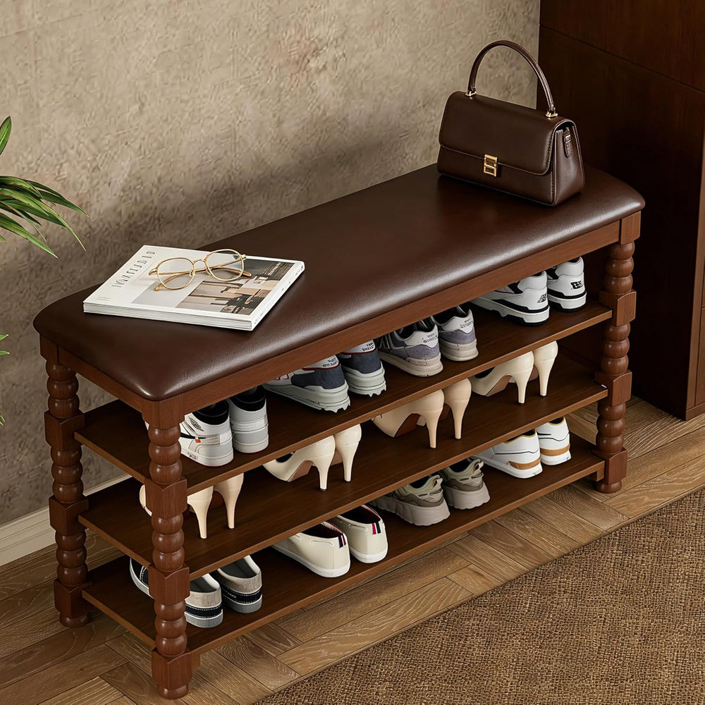 Homleke Solid Wood Shoe Storage Bench with Cushion,Classic Turned Ball Legs |...