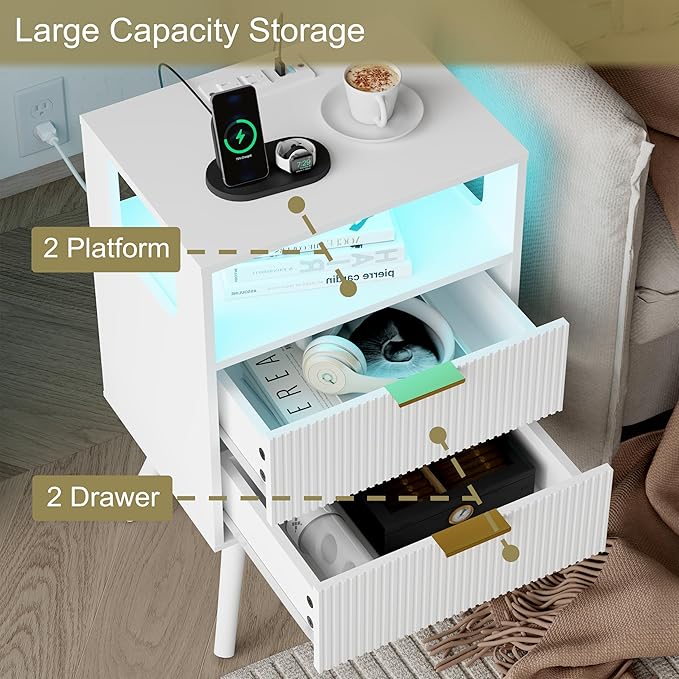 White Nightstand with Charging Station and LED Lights,Modern Bedside Table wi...