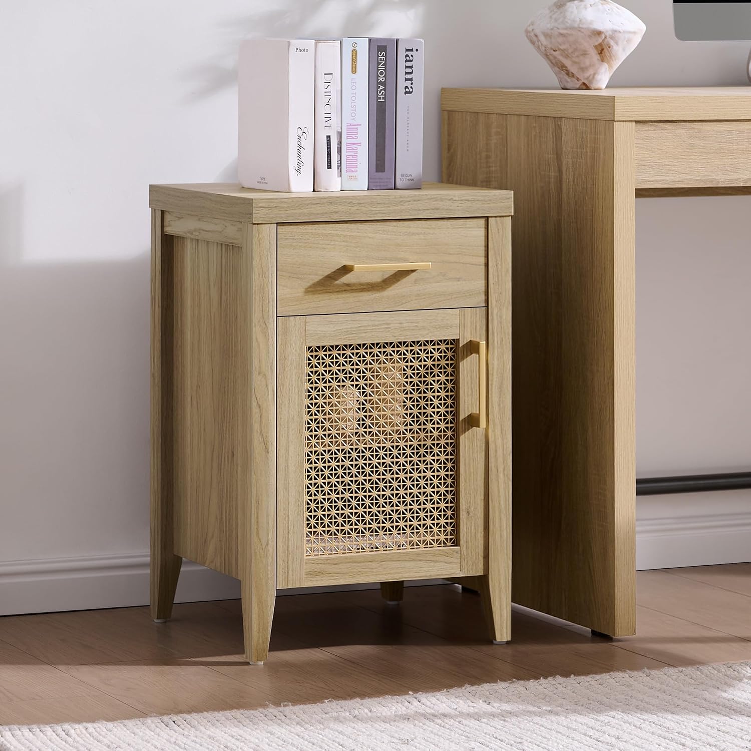 SICOTAS Tall Nightstands Set of 2 with Drawer - Farmhouse Night Stand | Bedside Tables with Storage, Wooden End Tables with Metal Mesh Door and Adjustable Shelf for Bedroom, Light Walnut