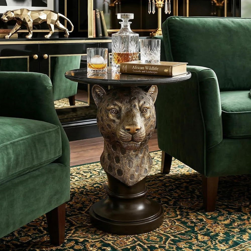 Decorative Leopard Round Side Table - Creative Bronze Animal Head End Table w...