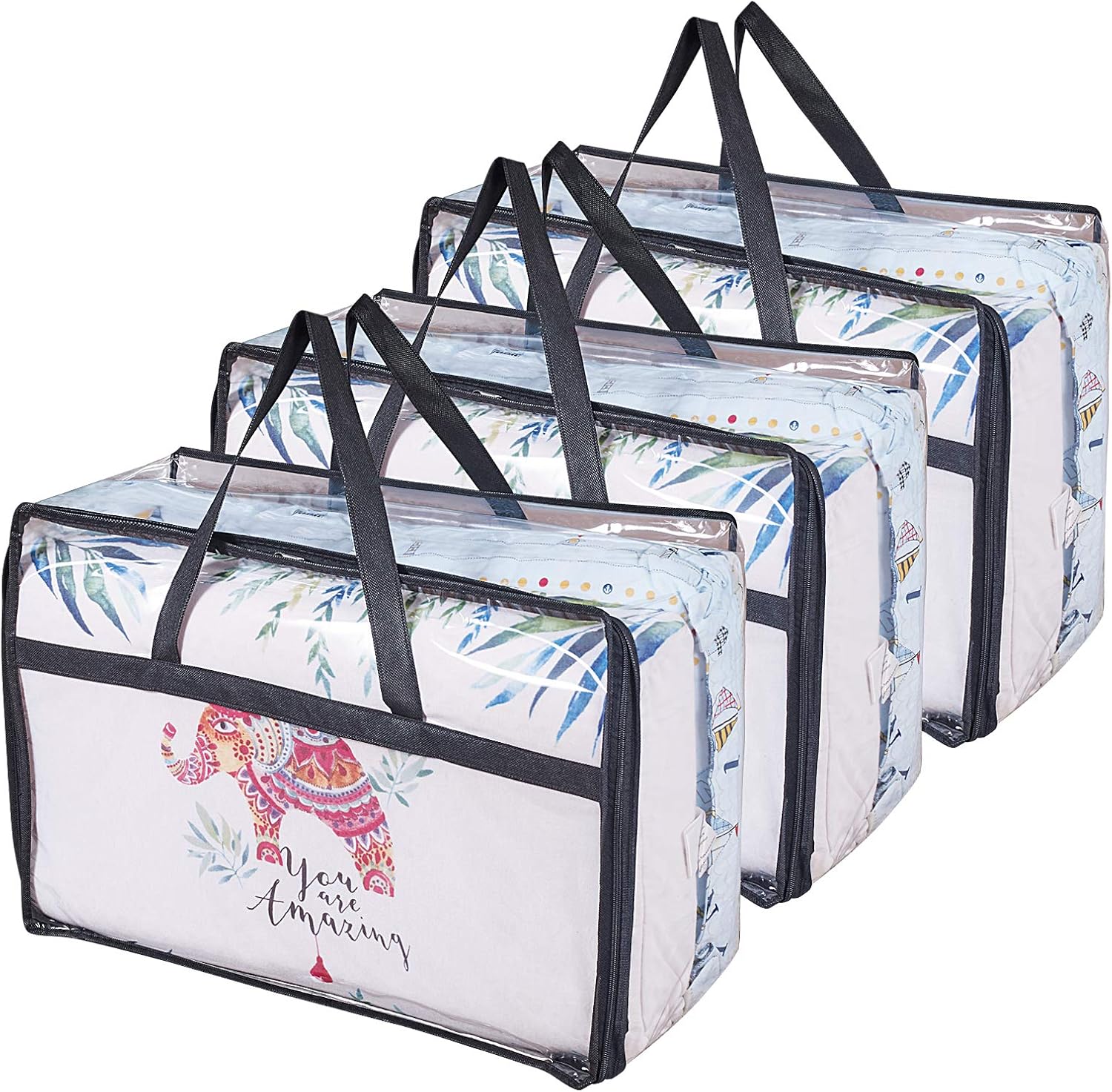 Clear Clothes Storage Bag Organizer with Reinforced Handle, Vinyl Storage Bags for Comforter, Blanket, Bedding, Toys, Transparent Moving Totes with Sturdy Dual Zippers, 3 Pack, 55 L, Black