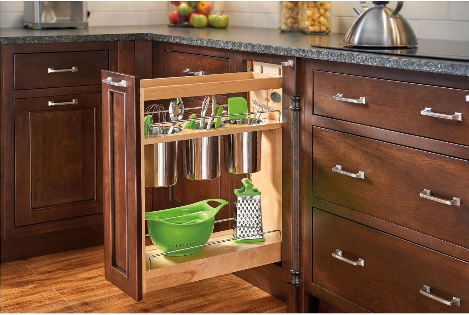 Rev-A-Shelf 8" Pull Out Storage Organizer for Base Kitchen Cabinets w/ Soft-Close, Sliding Shelves for Utilities, Utensils or Spices, 448UT-BCSC-8C