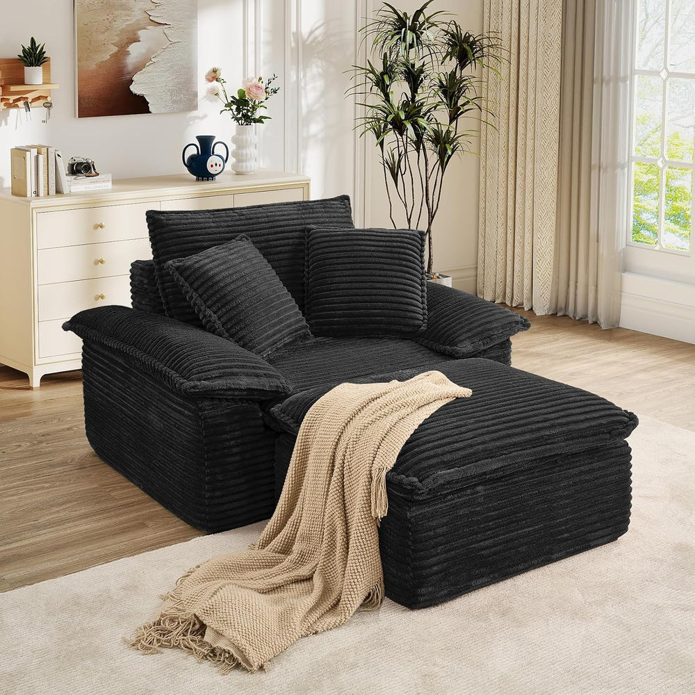 Oversized Chaise Lounge Chair Indoor with Ottoman, Upholstered Corduroy Moder...