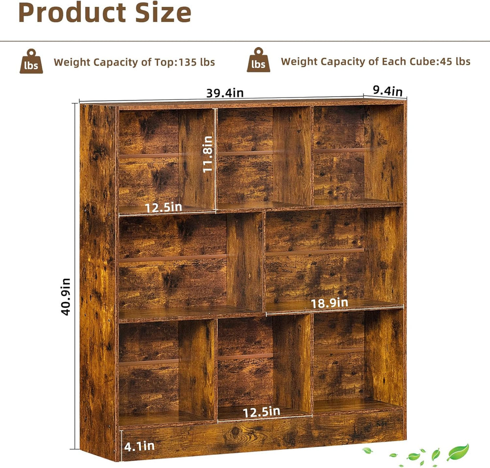LEYAOYAO 8 Cube Bookshelf with Base,3 Tier Mid-Century Modern Brown Bookcase,...