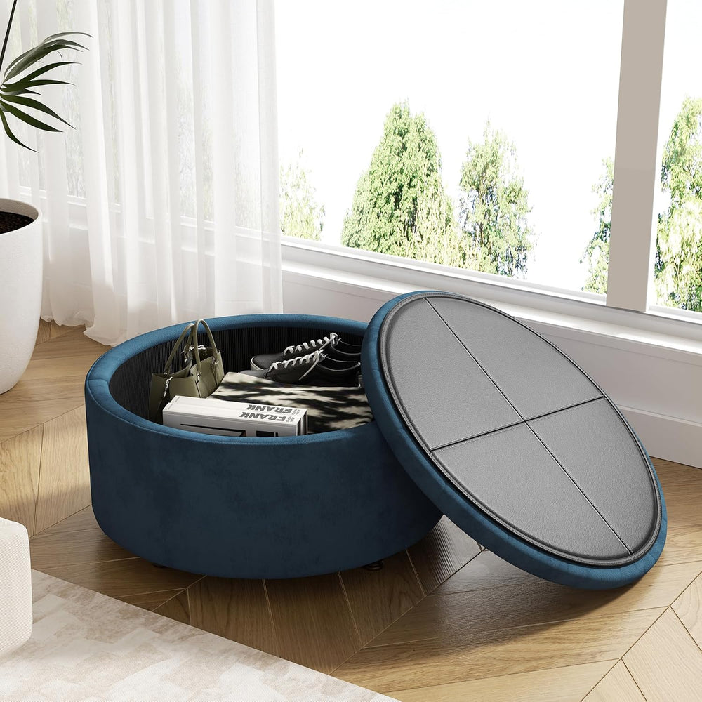 30 Inch Round Storage Ottoman,Modern Blue Tufted Ottomans,Circular Coffee Tab...