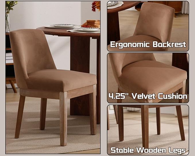 HNY Modern Dining Chairs Set of 6 with Comfortable Back Support, Farmhouse Soft Velvet Upholstered Kitchen Dining Room Chairs with Solid Wood Legs, Armless Accent Side Chairs for Living Room, Khaki