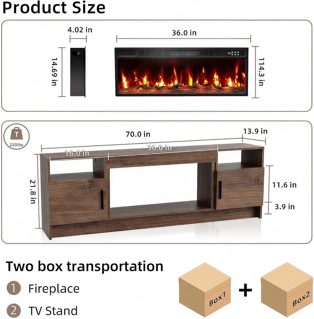 EAG 70" Electric Fireplace TV Stand with 36 inch Fireplace Up to 80" TVs, Entertainment Center with with Storage Cabinet & LED Lights, Modern Media Console for Living Room, Walnut