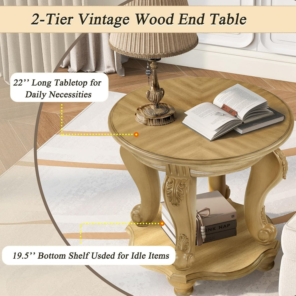 KEIKI Solid Rubber Wood Round Side End Table with Storage Shelf, Traditional ...