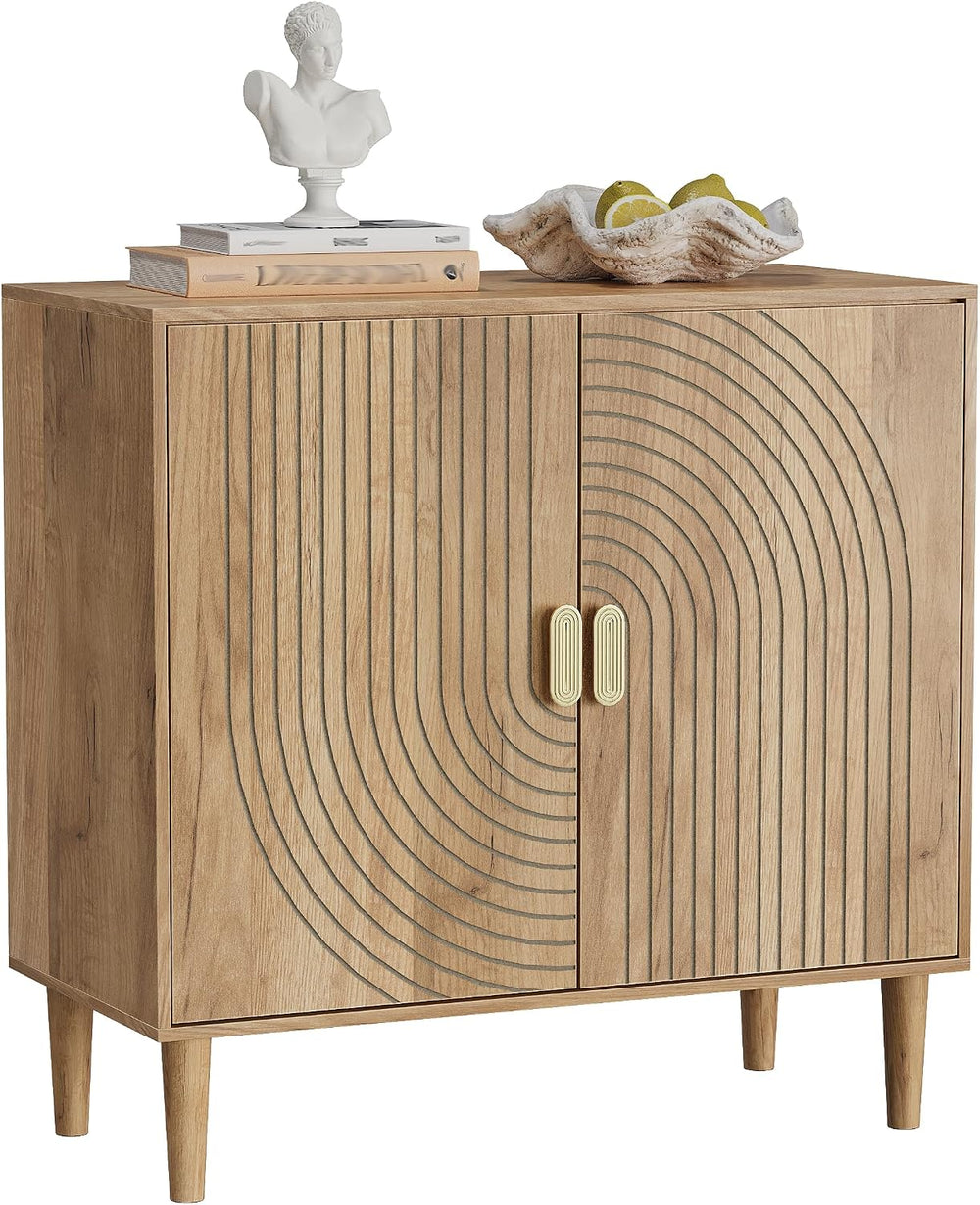 Smuxee Oak Sideboard Cabinet, Freestanding Buffet Cabinet with Line Groove De...