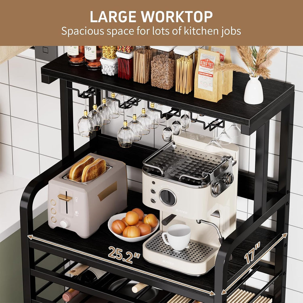 Mini Fridge Stand with Power Outlet, Microwave Stand with Wine Rack, Coffee b...