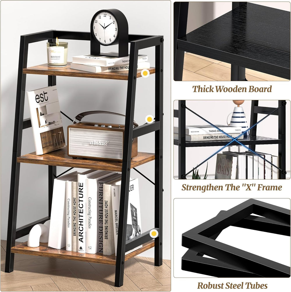 3-Tier Bookshelf, Ladder Shelf, Industrial Bookcase with Steel Frame, Metal S...