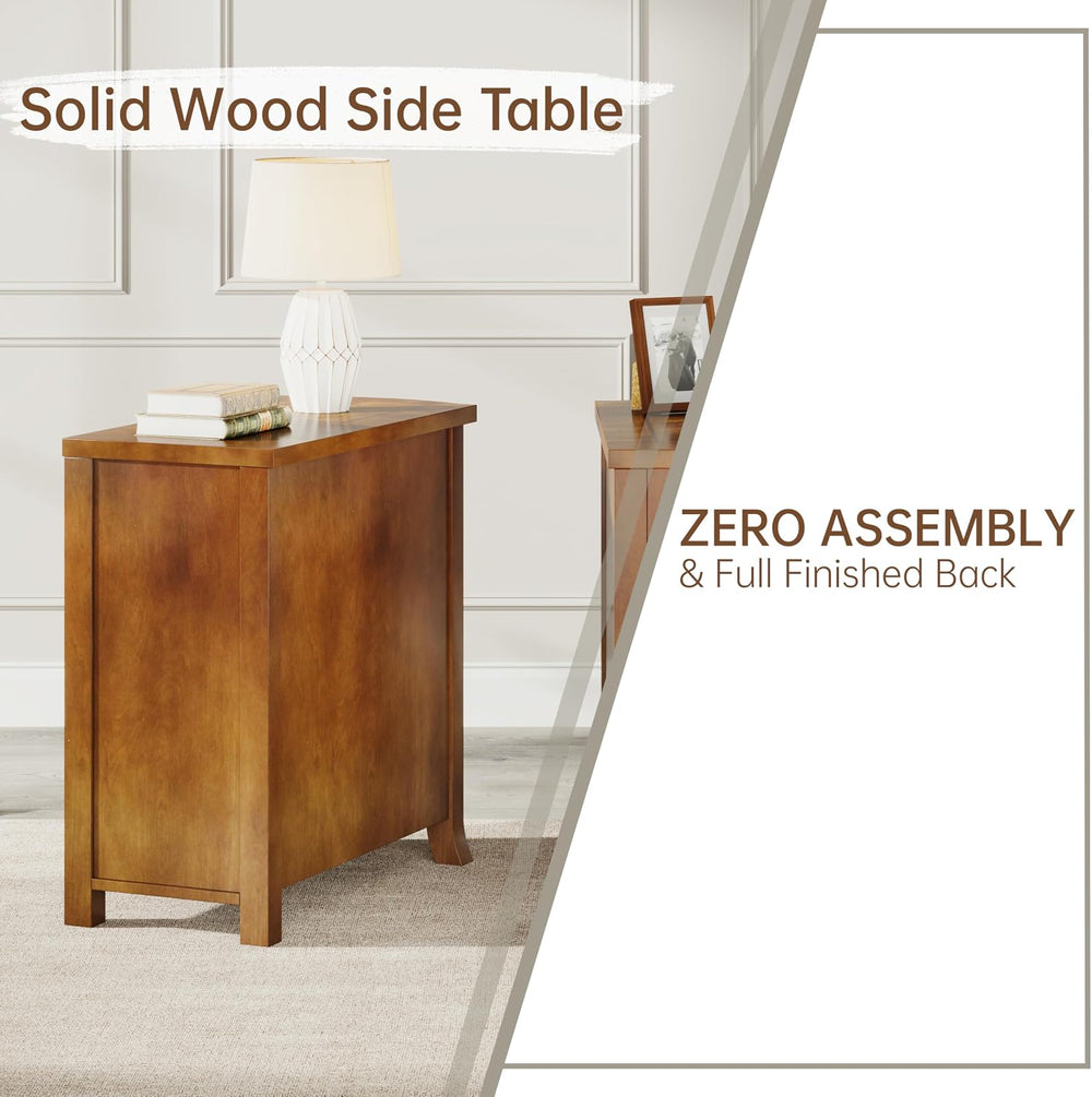 Farmhouse Solid Wood End Table, 3-Drawer Narrow Side Table Slim Chair Table f...