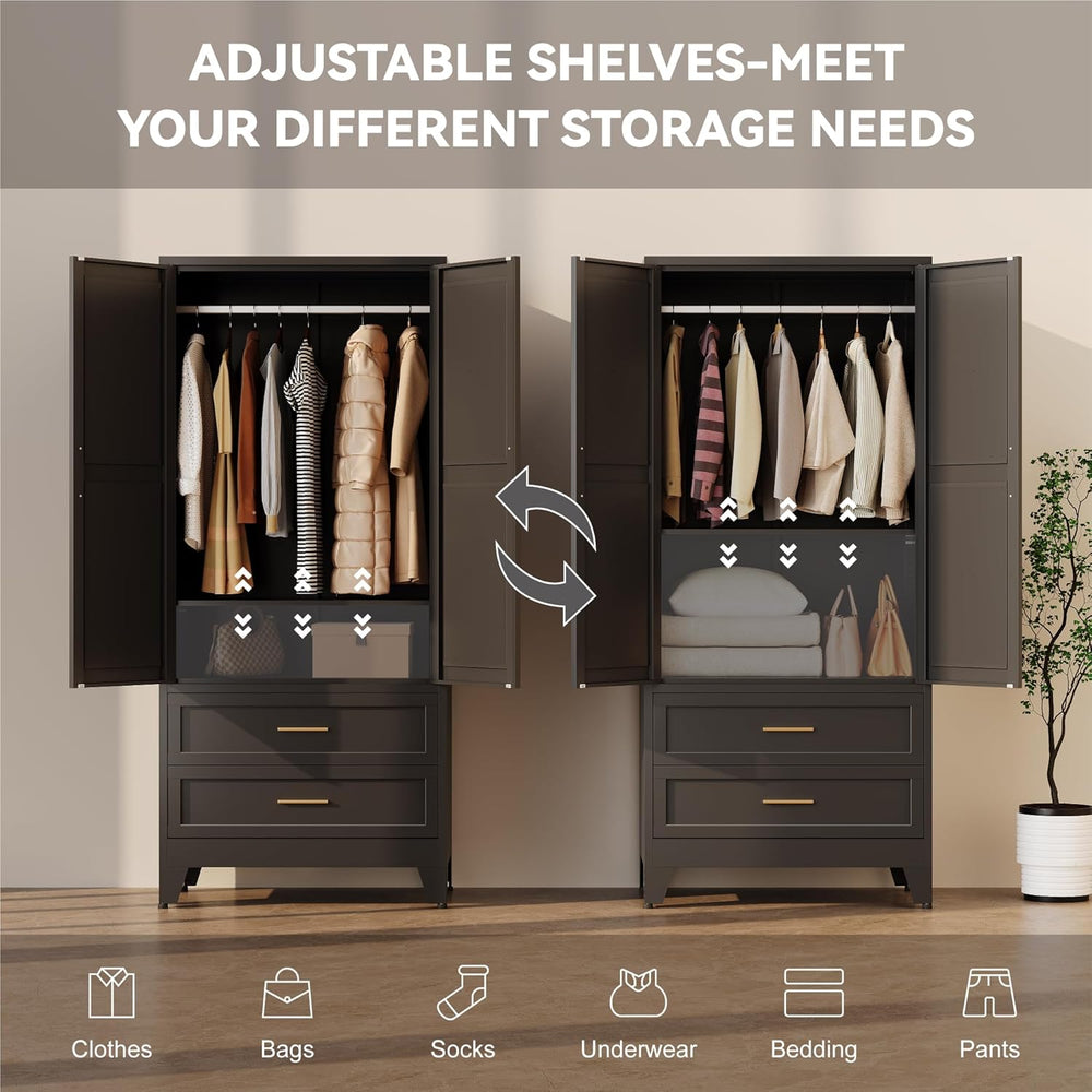 Baborokic Metal Wardrobe Cabinet with Hanging Rod,71" Armoire Wardrobe C...