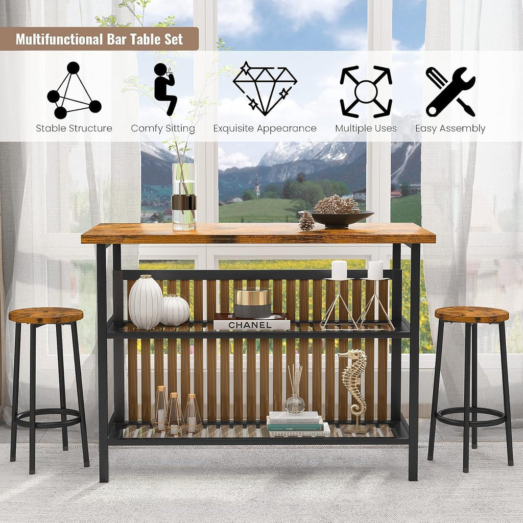 AWQM Kitchen Island with Seating & Storage Shelf, Modern Bar Table and Chairs Set for 2, Wooden Island Table for Kitchen, Dining Table Set for Small Space, Walnut Color