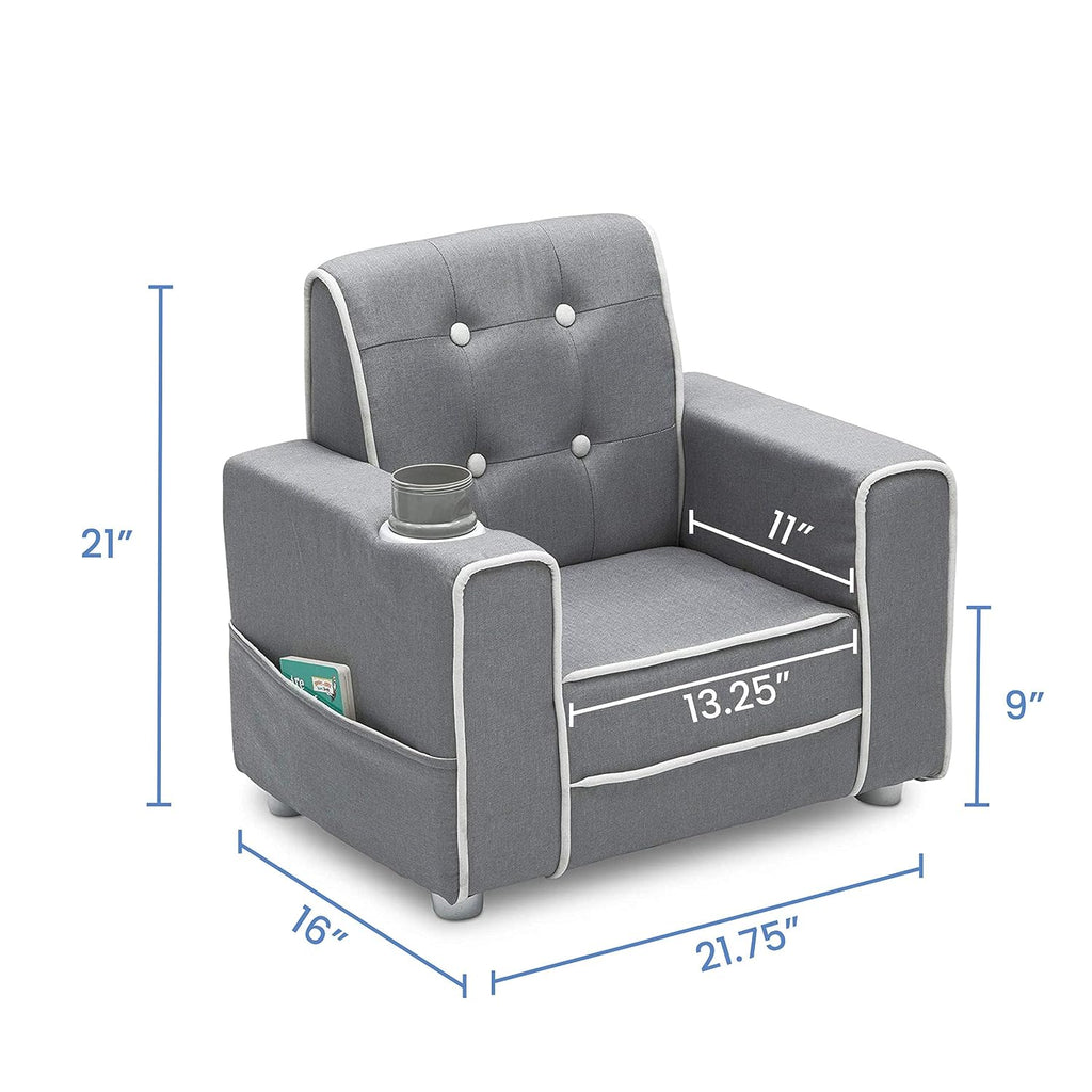 Delta Children Chelsea Kids Upholstered Chair with Cup Holder, Soft Grey