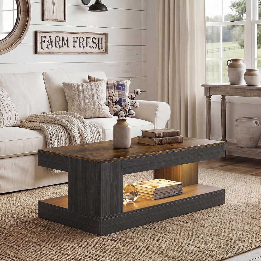 Miereirl Farmhouse Coffee Table with Storage Shelf, 2-Tier Wood Rustic Center...