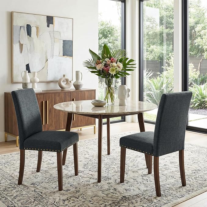 TLSUNNY Upholstered Dining Chairs Set of 2/4, Tufted Parsons Design with Nail Head Trim, Solid Wood Legs and Padded Seat, Comfortable Fabric for Dining Room, Kitchen (Gray, Set of 2)