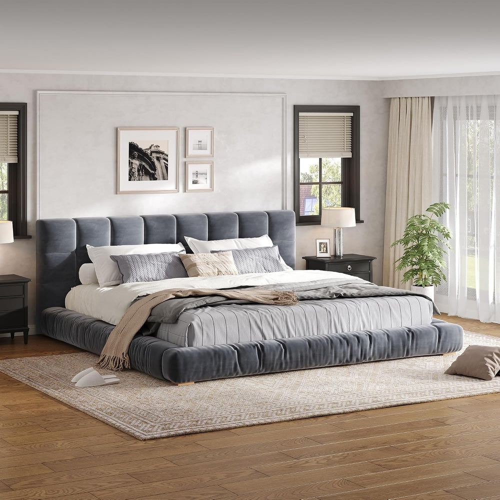 King Size Velvet Upholstered Low Profile Platform Bed with Channel Tufted Hea...