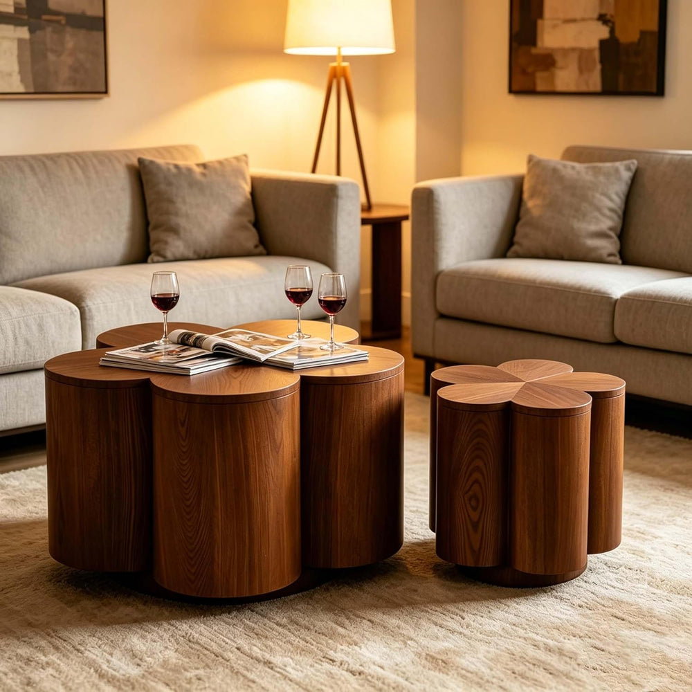 Modern Nesting Coffee Tables Woody Grooved Tea Table Space Saving Center End ...