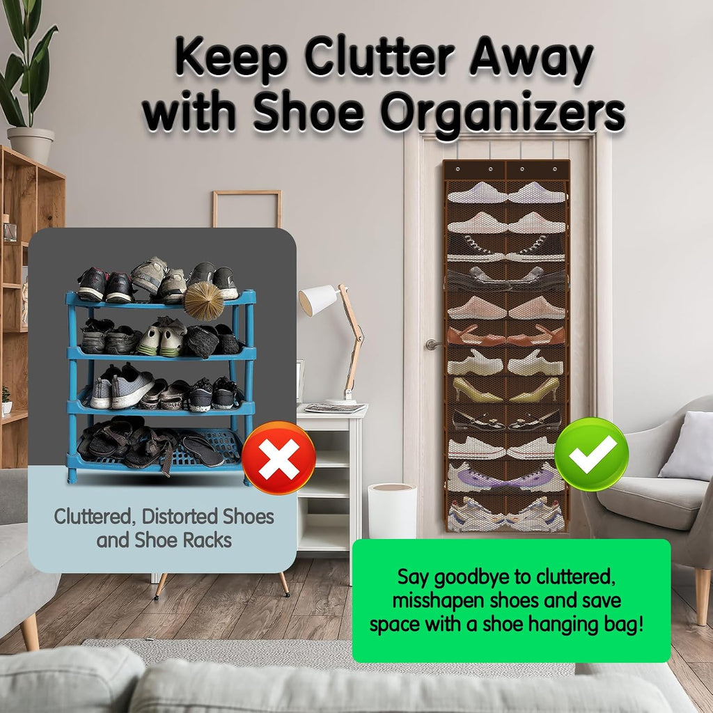 Kotkn Over The Door Shoe Organizer with 12 Large Breathable Pockets - Durable Hanging Storage for the Entire Family's Shoes (Espresso)