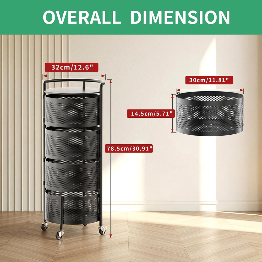 JAQ No Assembly Kitchen Storage Cart with Wheels, 4-Tier Rotating Vegetable &...