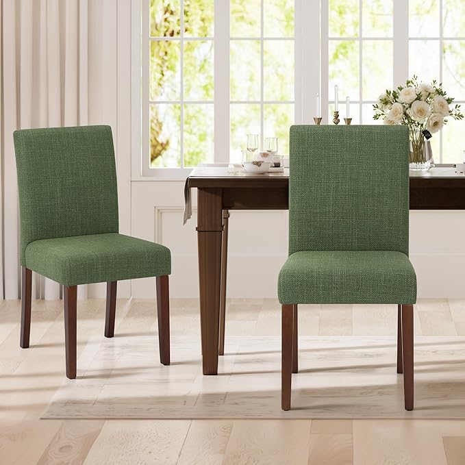 Upholstered Parsons Dining Chairs Set of 2, Modern Dining Room Chairs with Back, Fabric Kitchen Side Chairs with Wood Legs for Dinner Farmhouse Restaurant, Green