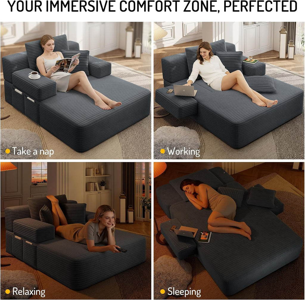 2-in-1 Convertible Chaise Lounge Indoor, 60.2" Corduroy Upholstered Chaise Lounge Chair that Converts to Sleeper Bed,Compressed Sofa with Side Storage Pockets and 3 Pillows for Bedroom Apartment Dorm