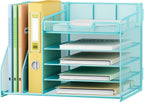 Lavatino 5-Tier Desk Organizer with 2 File Holders, Metal Adjustable Paper Letter Tray for Office or Home Desk Organizers and Accessories | 7 Flexible Dividers Keep Workspace Supplies Neat, Blue
