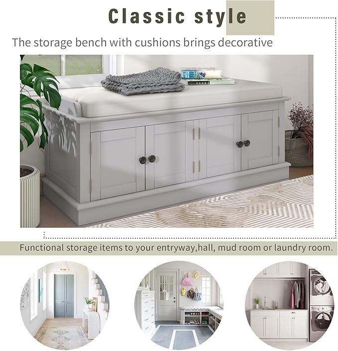 Vintage Hallway Storage Bench with 4 Doors and Adjustable Shelves,Entryway Shoe Rack W/Removable Cushion,for Living Room Bedroom Porch,Gray Wash,42″