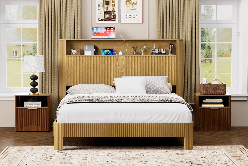 Peanu Queen Bed Frame, Storage Headboard, Charging Station, Silent, Natural