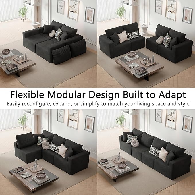 Homall Sectional Couches for Living Room, Modern Boneless Couch with Deep Seat, Upholstered Cloud Sofa, No Assembly Required (Black, Four-Seater Sofa)