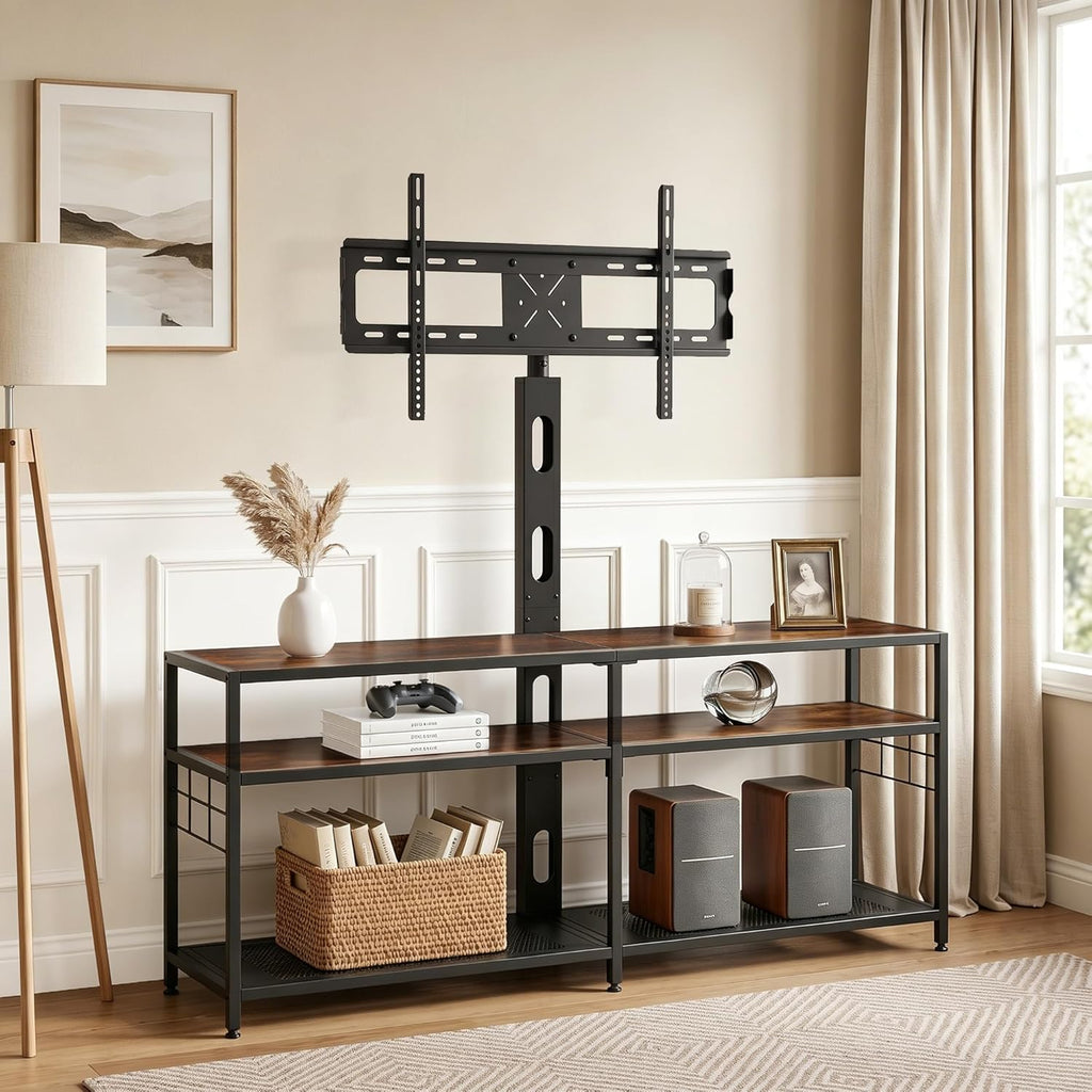 VECELO TV Stand with Mount, Universal Swivel TV Console for 32-75 inch TVs, 55" Entertainment Center with Storage Shelves, for Living Room, Bedroom, Rustic Brown