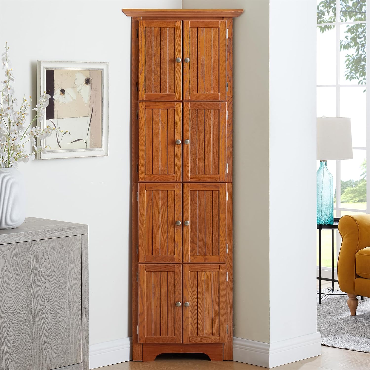 4-Tier 72" Tall Corner Pantry Cabinet with 8 Doors, Large Storage Organizer for Kitchen, Living Room, Bathroom & Farmhouse Decor (Oak)