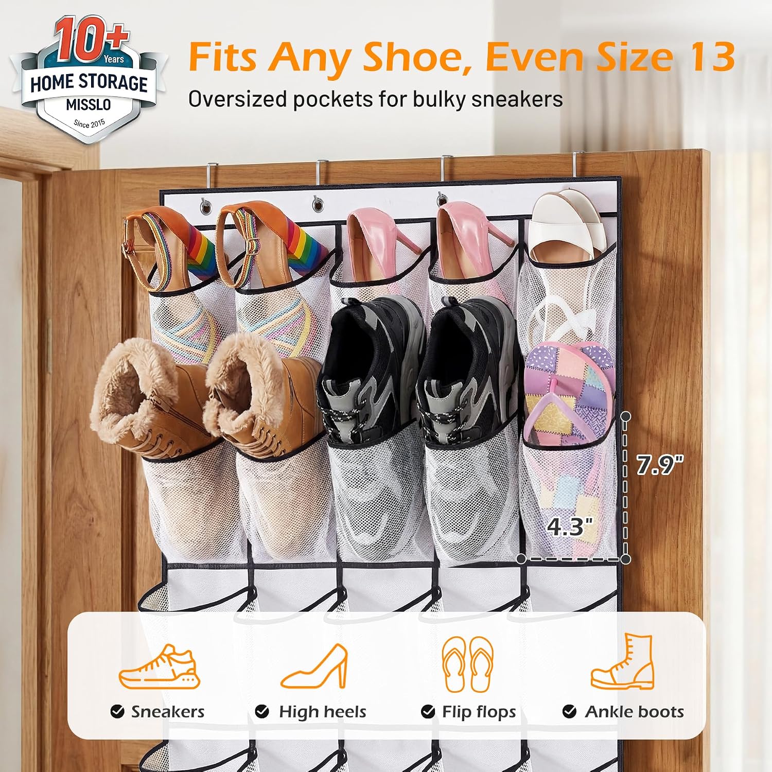 MISSLO 35 Large Pockets Over The Door Shoe Organizer Sturdy Oxford Fabric Hanging Shoe Rack for Door Mesh Closet Shoe Holder Hanger, White