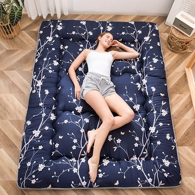 MAXYOYO Japanese Floor Mattress Futon Mattress, 4" Thicken Tatami Mat Sleeping Pad Foldable Roll Up Mat Boys Girls Dormitory Pad Kids Floor Lounger Pillow Bed, Charcoal Grey, Queen Size