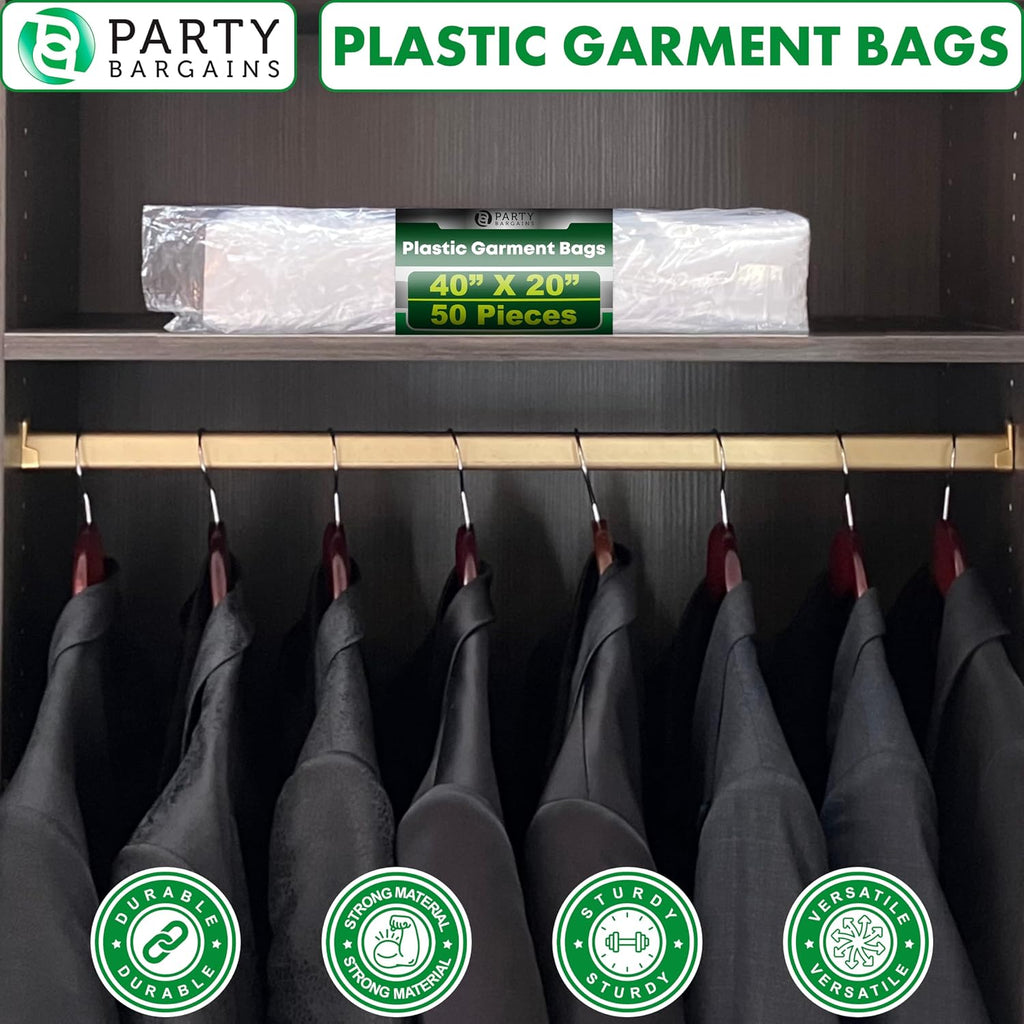 PARTY BARGAINS 40 x 20 Inch Disposable Clear Garment Bags, 50 Pack – Heavy-Duty Plastic Clothes Covers for Suits Dresses Coats, Closet & Travel