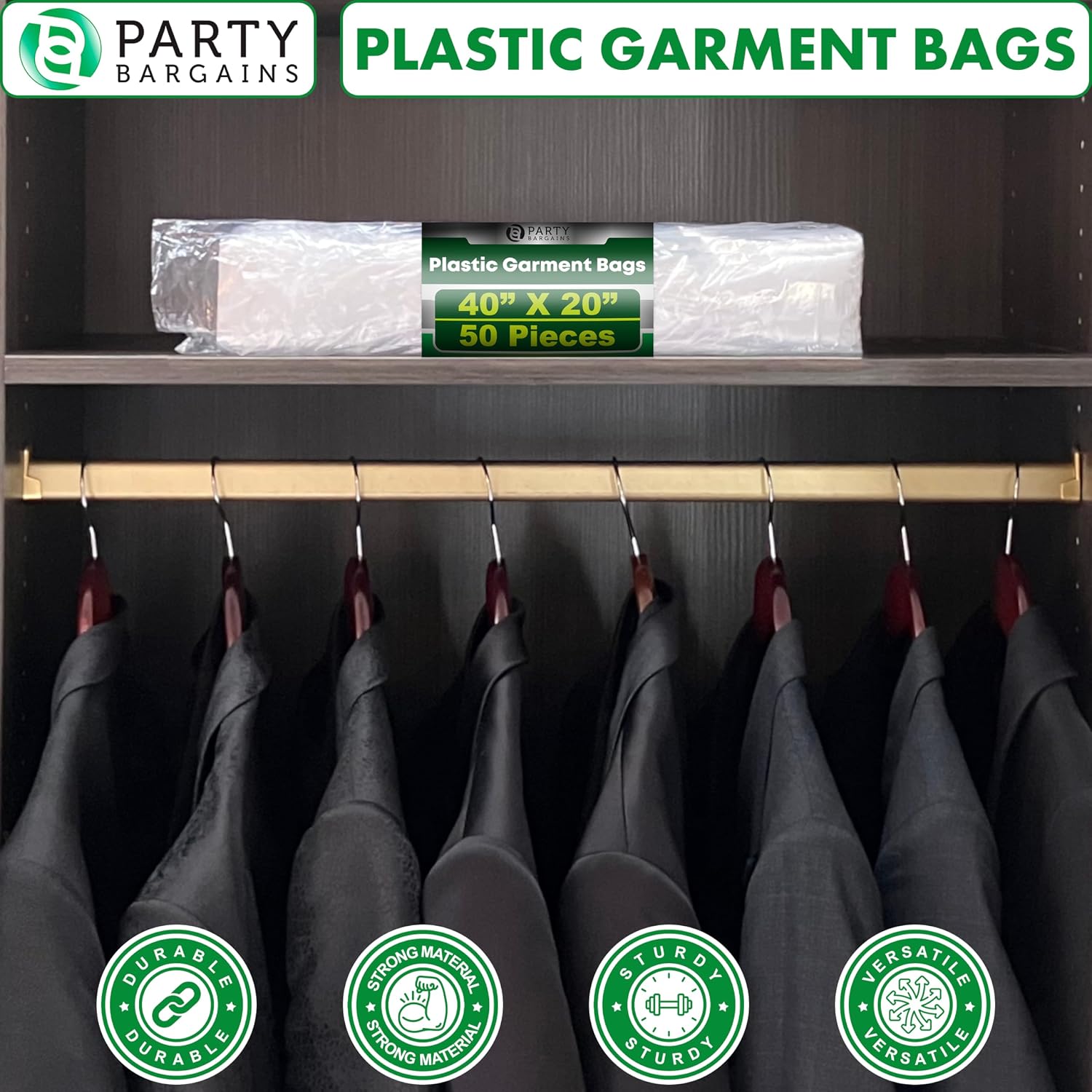PARTY BARGAINS 40 x 20 Inch Disposable Clear Garment Bags, 50 Pack – Heavy-Duty Plastic Clothes Covers for Suits Dresses Coats, Closet & Travel