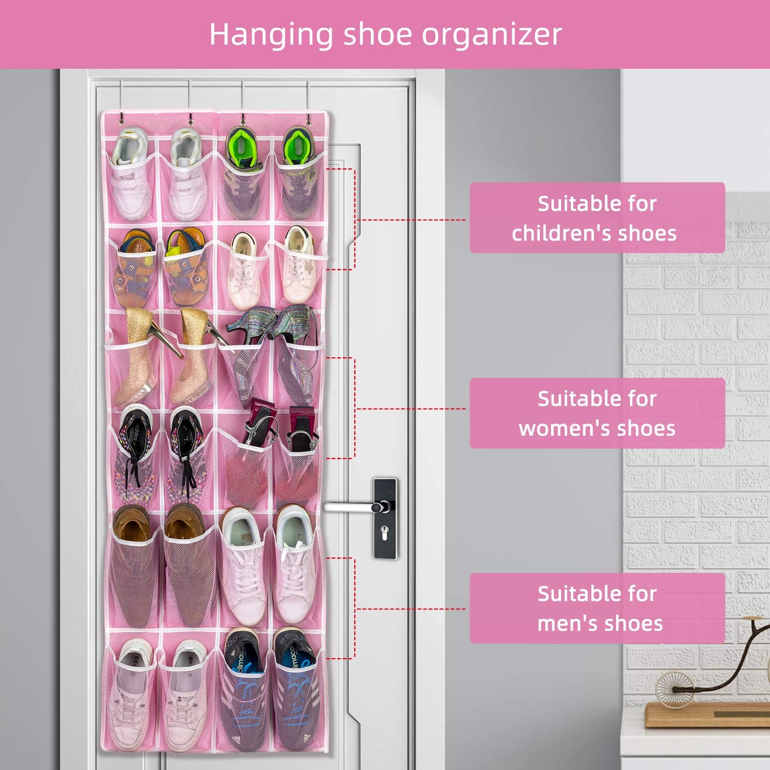 2 Pack Hanging Shoe Organizer，Over Door Shoe Organizer with 24 Mesh Large Pockets Shoe Storage Bag for Sport Shoes Size:58x21 Inch Hanging Door Shoe Rack Organizer (Pink-2pack)