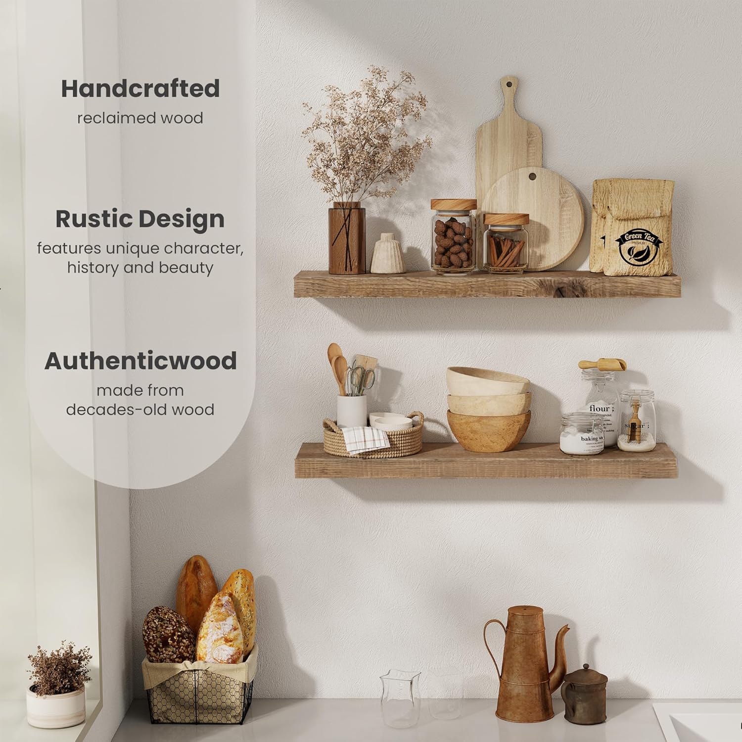 Floating Shelves, 8 Inch Deep Rustic Solid Reclaimed Wood Wall Shelves for Storage, Wall Mounted Display Shelving with Invisible Heavy-Duty Metal Bracket, 30 Inch Width Set of 2, Natural