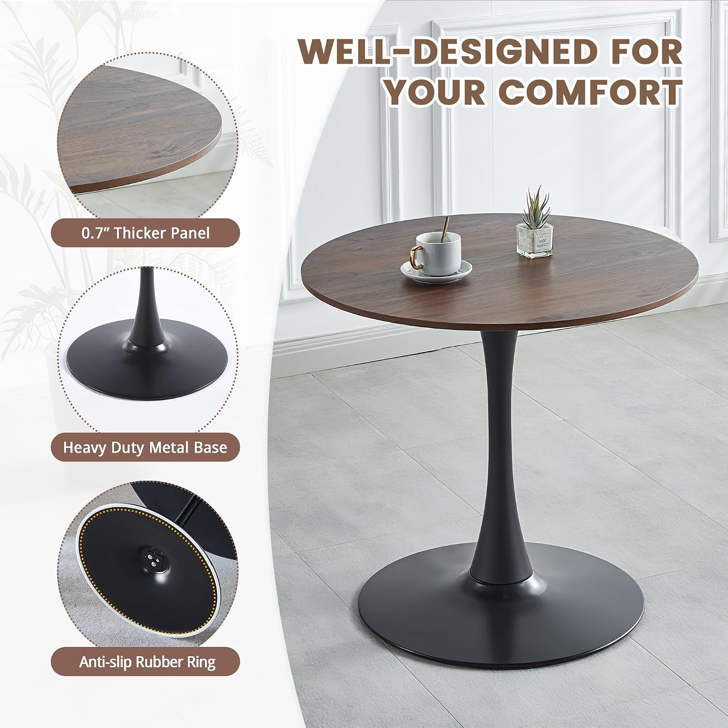 5-Piece Round Dining Table Set,31.5" Mid-Century Modern Kitchen Table with 4 Chairs,Tulip Pedestal Table & Solid Wood Legs,Space Saving Compact Furniture for Small Spaces Apartment Home,Walnut/Black